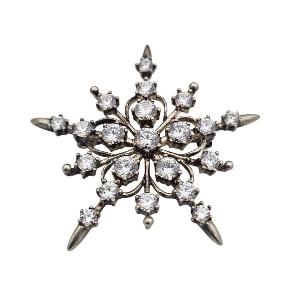 Vintage Sterling Silver GV925DQ CZ Starburst Snowflake Brooch Pin